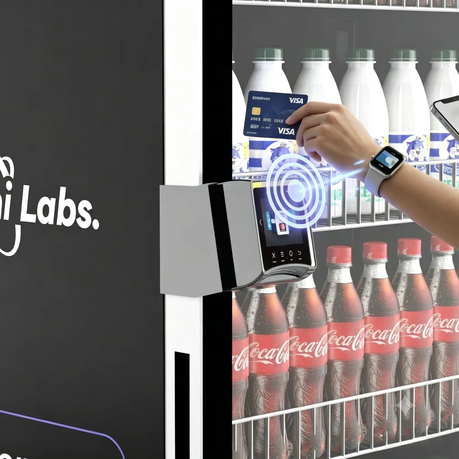 Consumer tapping a card or phone to unlock the smart cabinet door